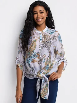 Loose-fit 3/4 sleeve button-front blouse