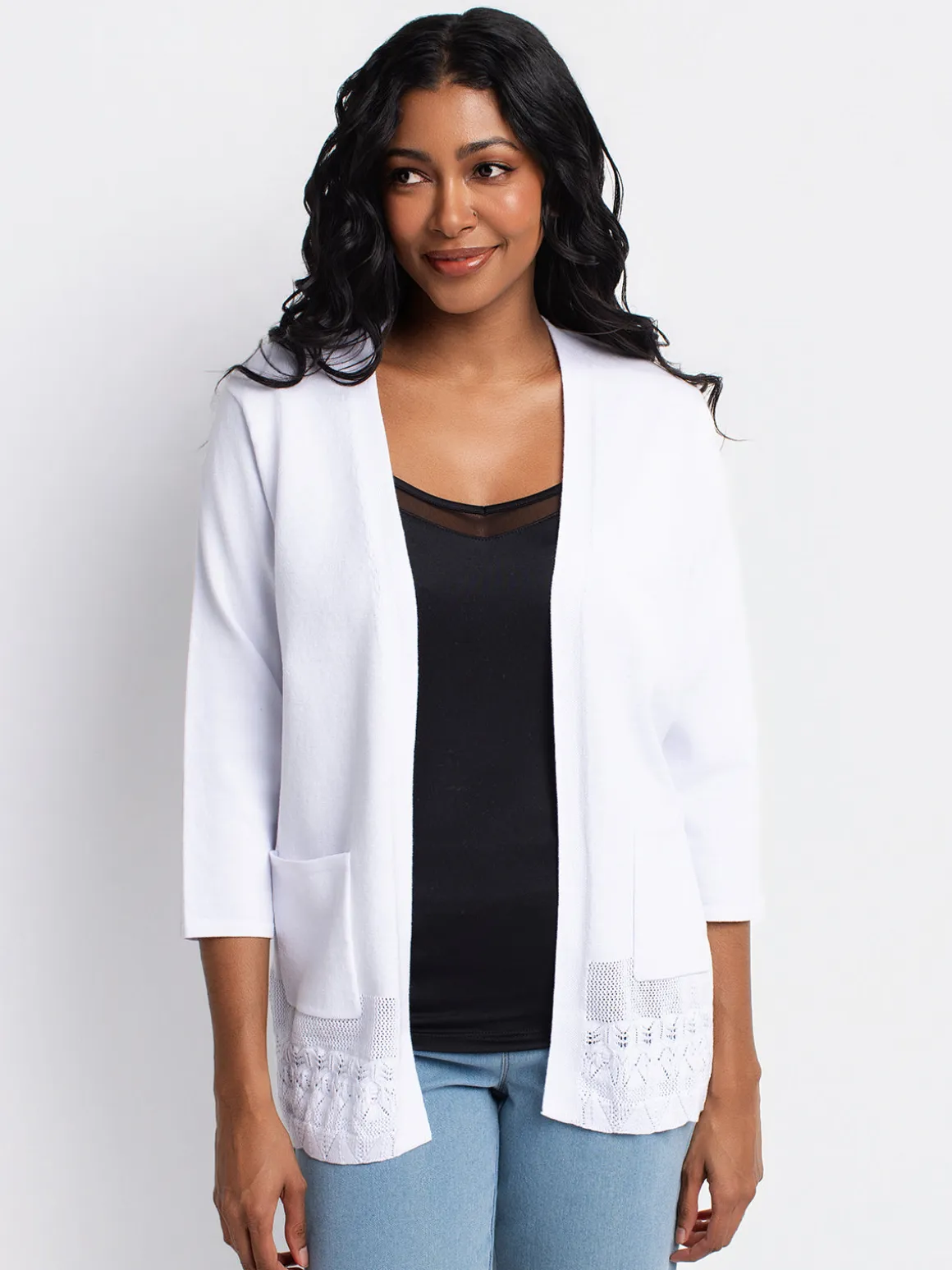 Open-front cardigan with three-quarter sleeves