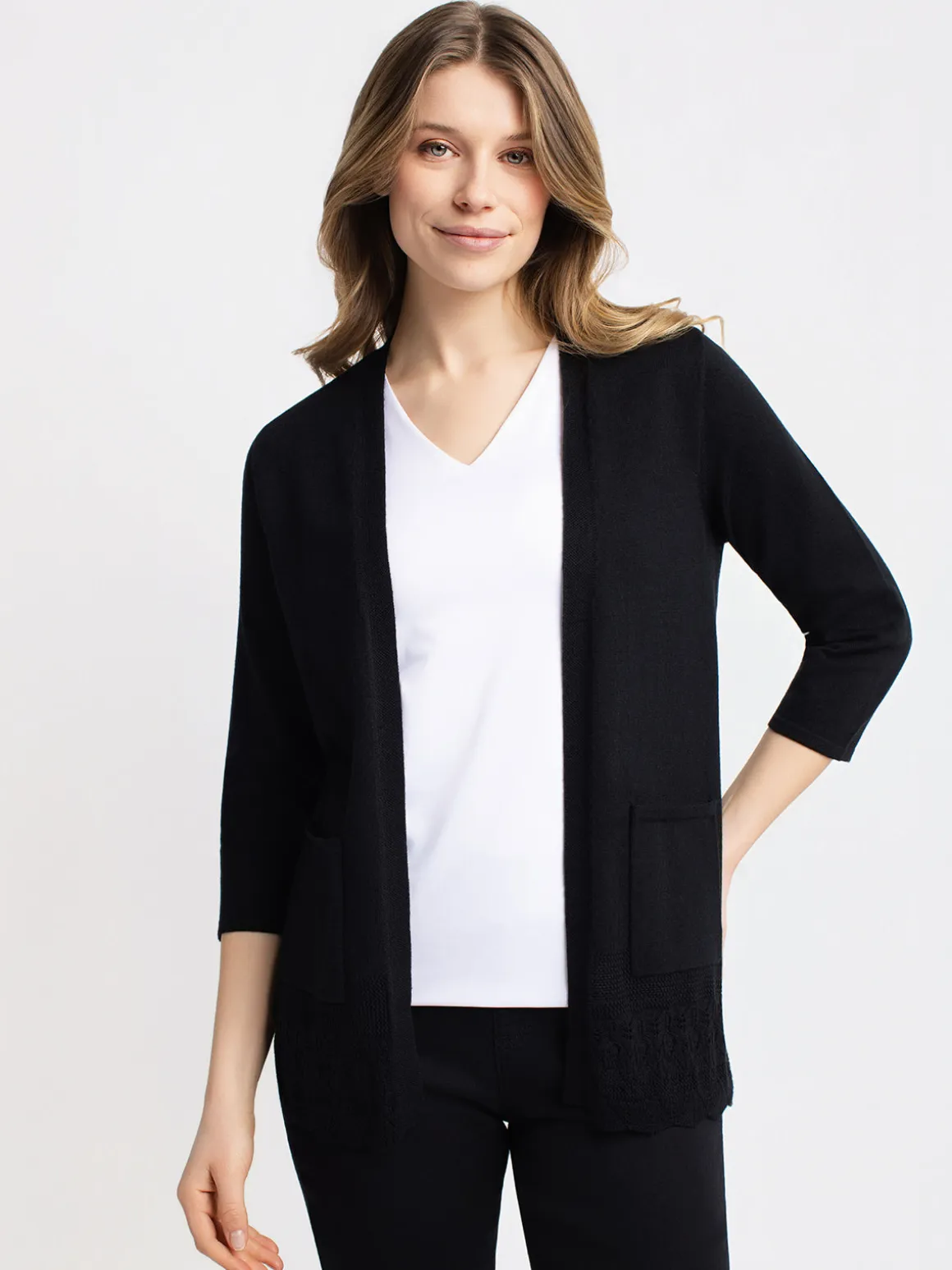 Open-front cardigan with three-quarter sleeves