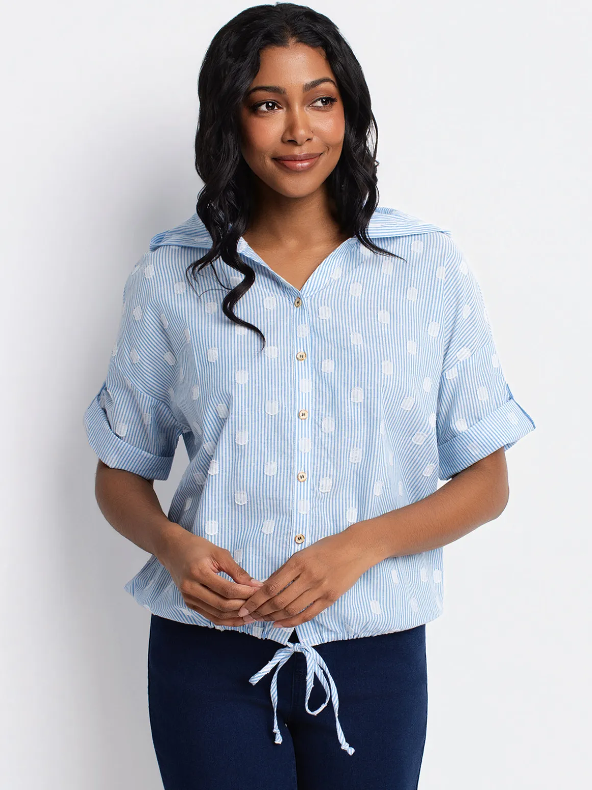 Short-sleeve loose blouse with buttons