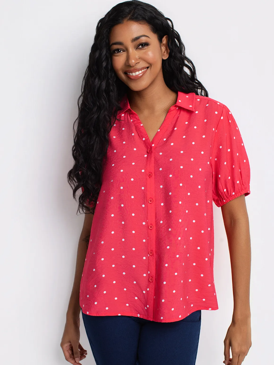Short-sleeve loose blouse with buttons