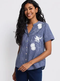 Short-sleeve loose blouse with buttons