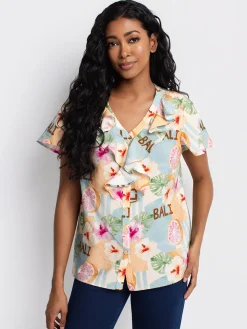 Short-sleeve loose blouse with buttons