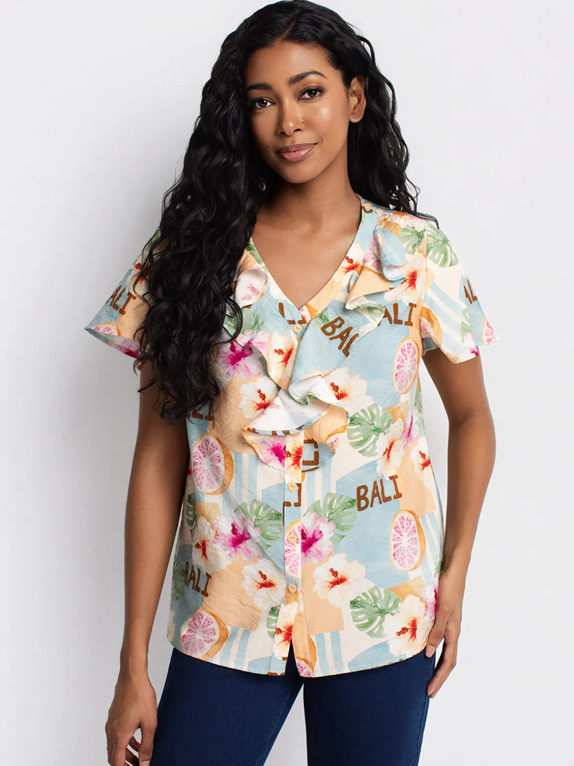 Short-sleeve loose blouse with buttons