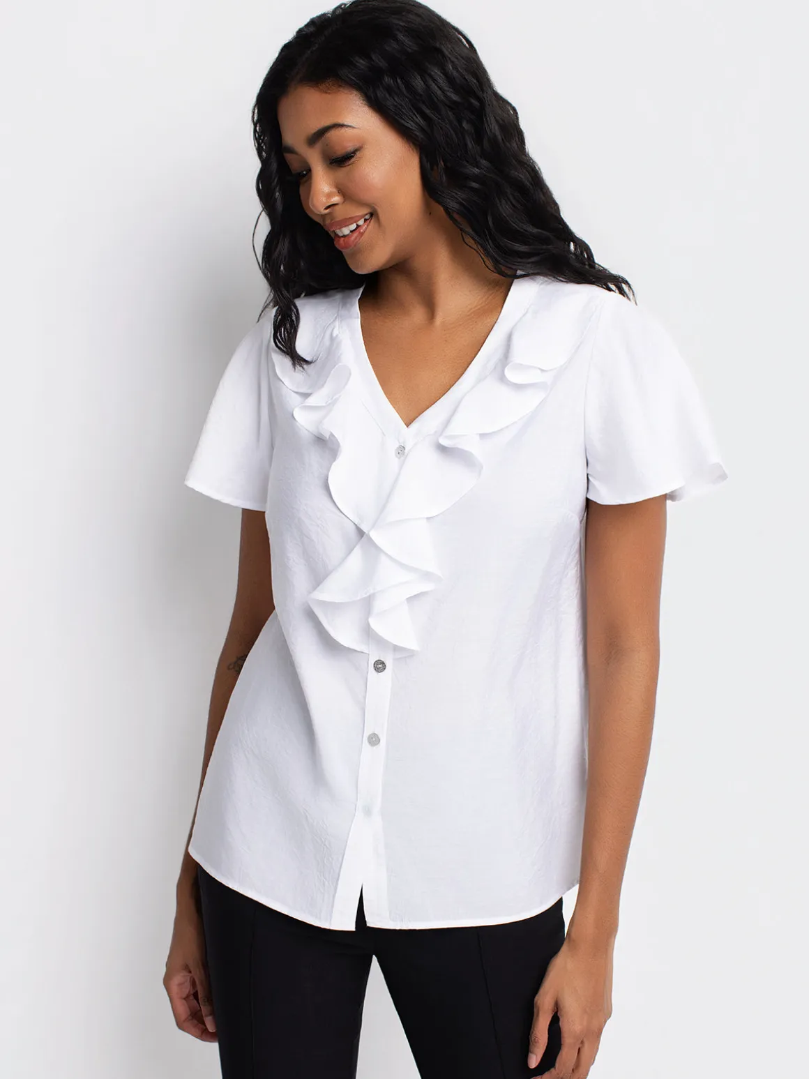 Short-sleeve loose blouse with buttons