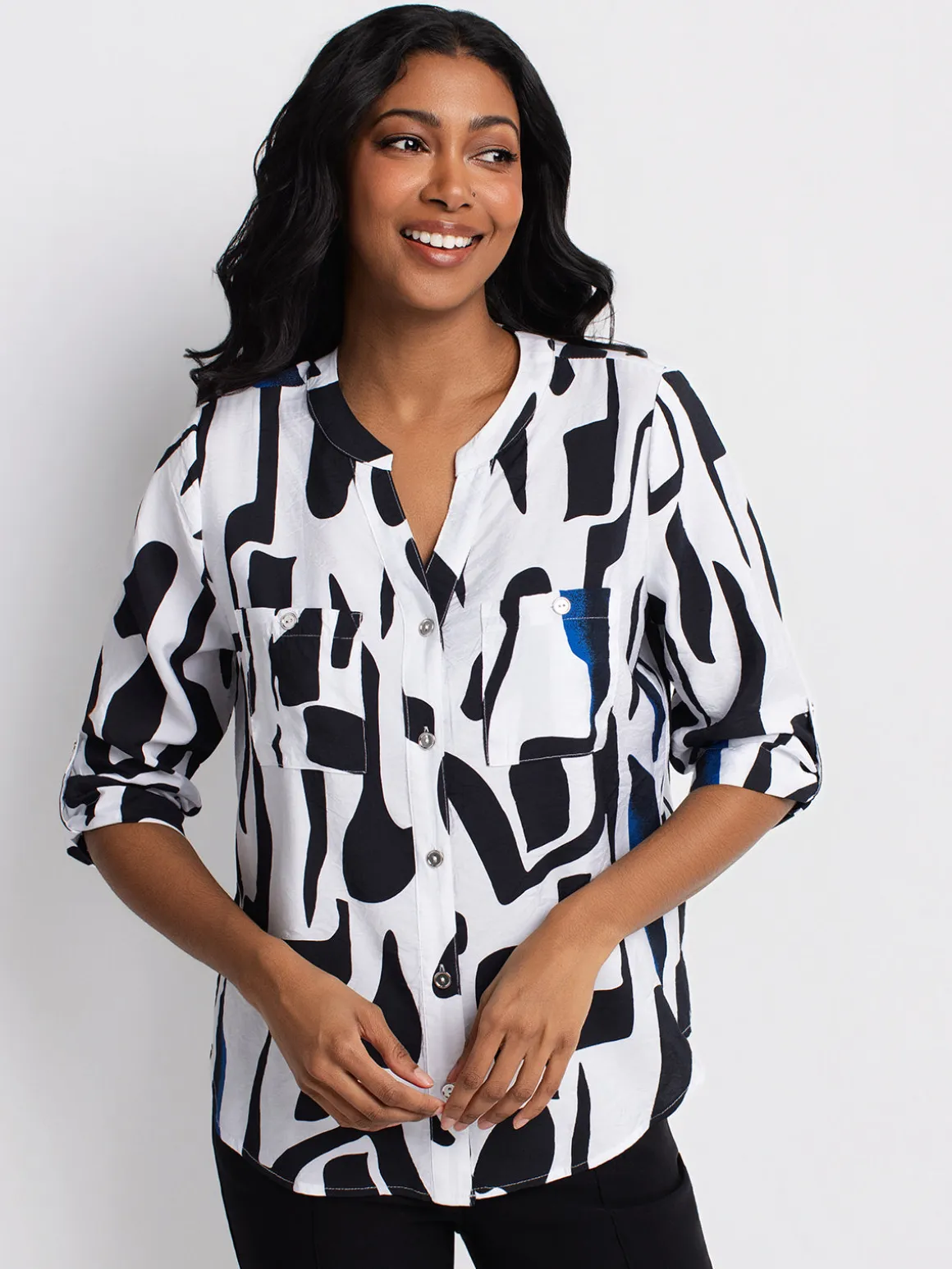 3/4-sleeve loose blouse with buttons