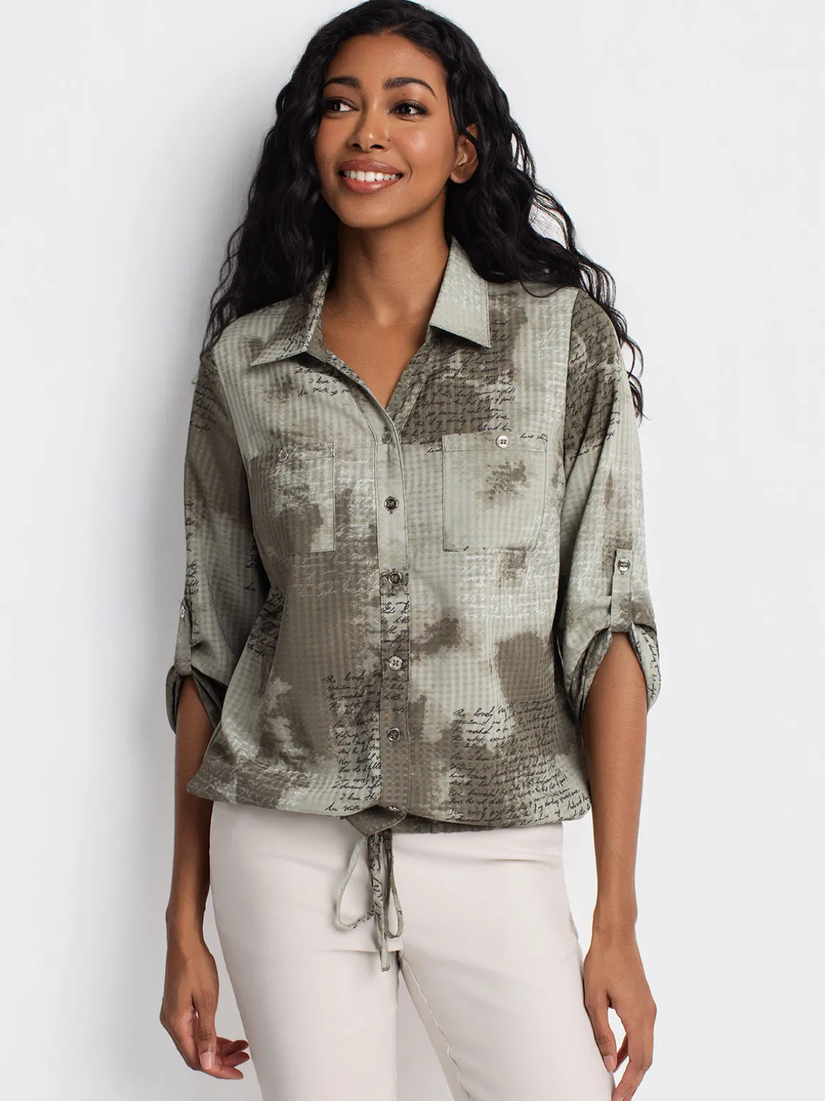 3/4-sleeve loose blouse with buttons