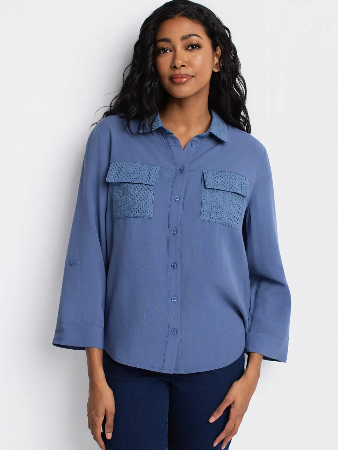 3/4-sleeve loose blouse with buttons