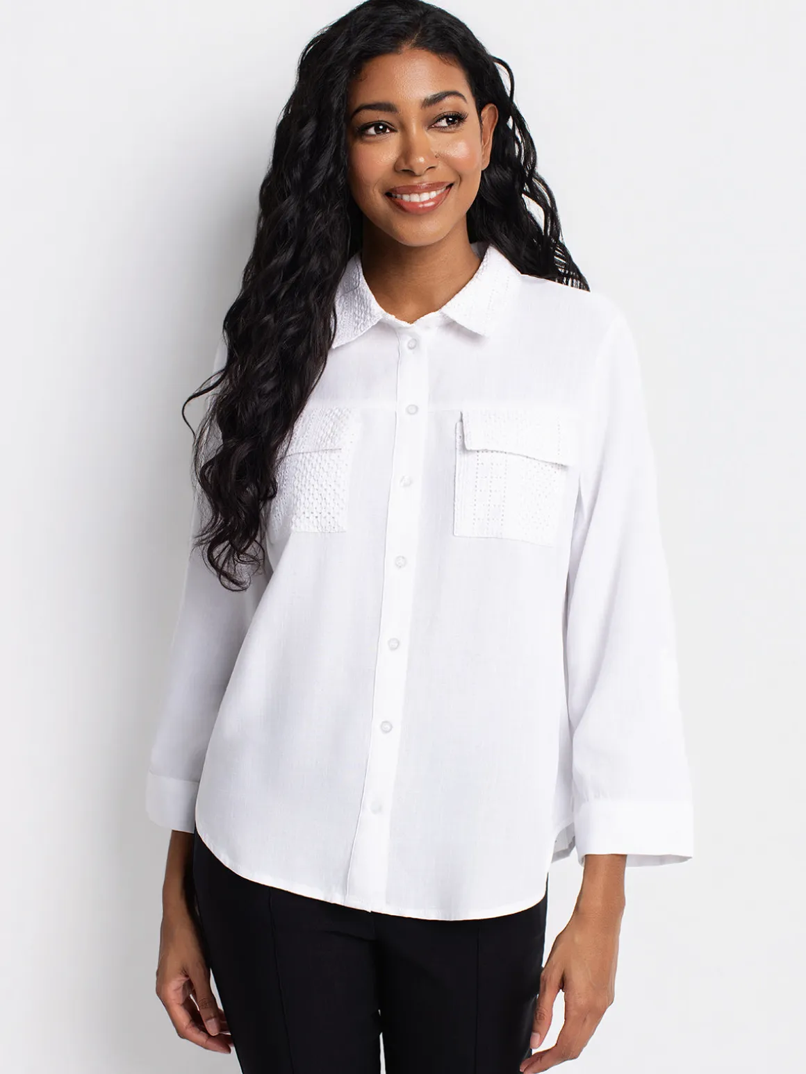 3/4-sleeve loose blouse with buttons