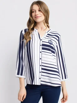 3/4-sleeve loose tunic length blouse with buttons