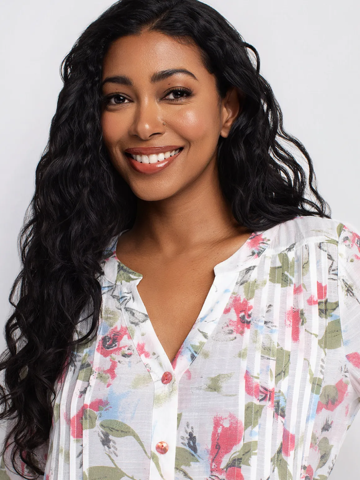 3/4-sleeve loose tunic length blouse with buttons