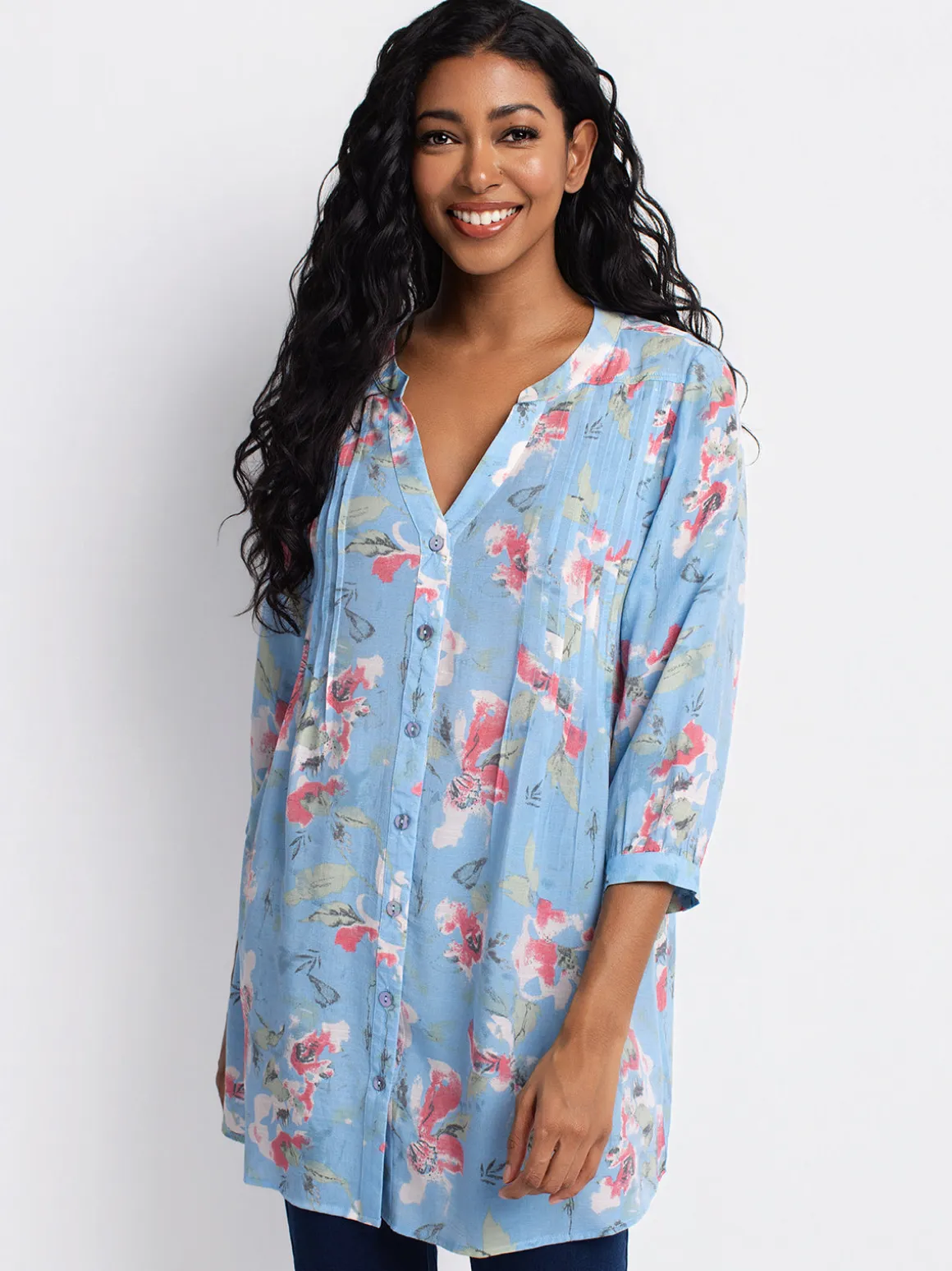 3/4-sleeve loose tunic length blouse with buttons