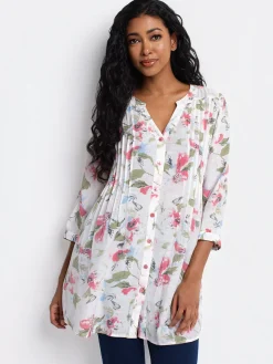 3/4-sleeve loose tunic length blouse with buttons