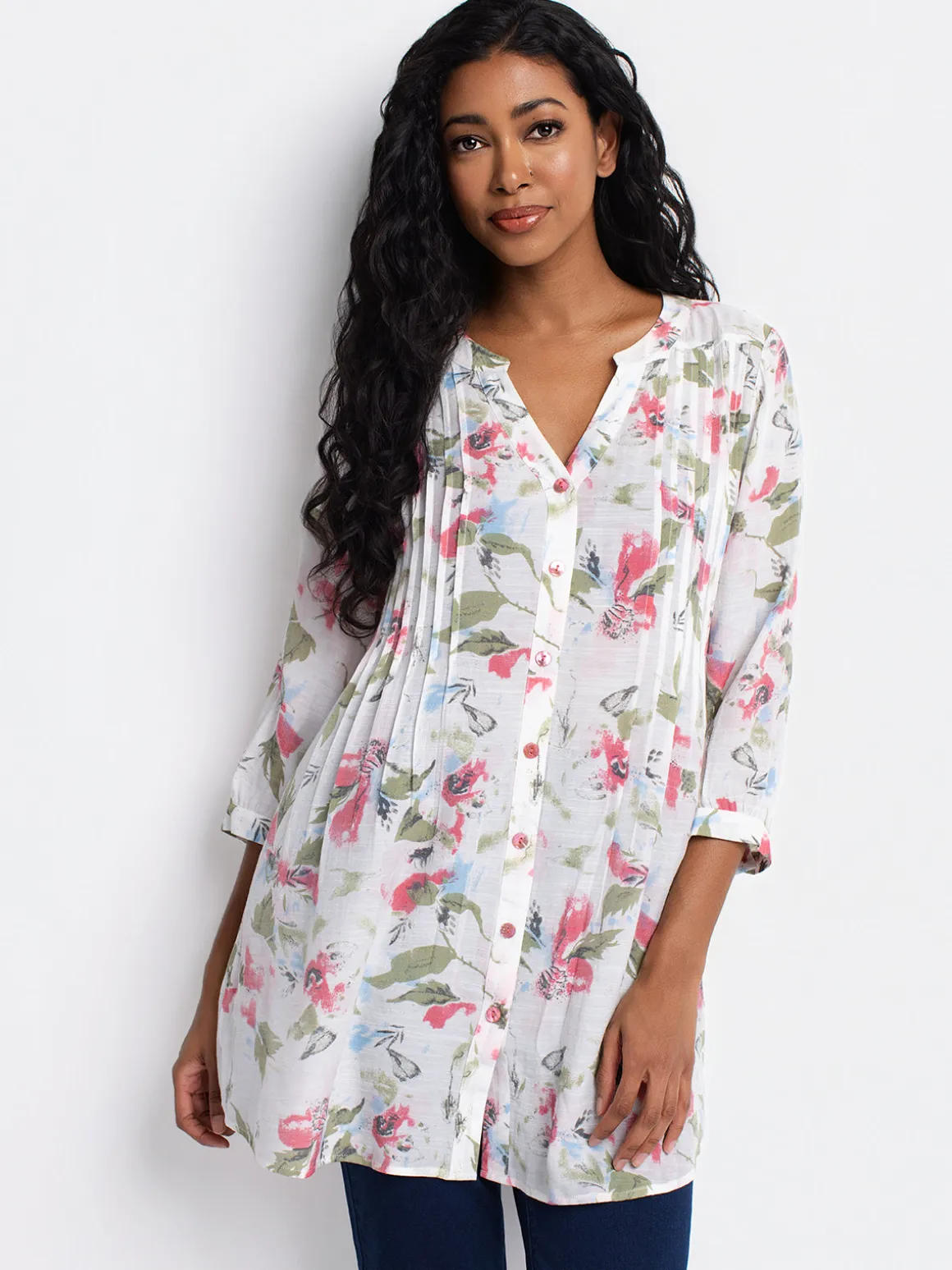 3/4-sleeve loose tunic length blouse with buttons