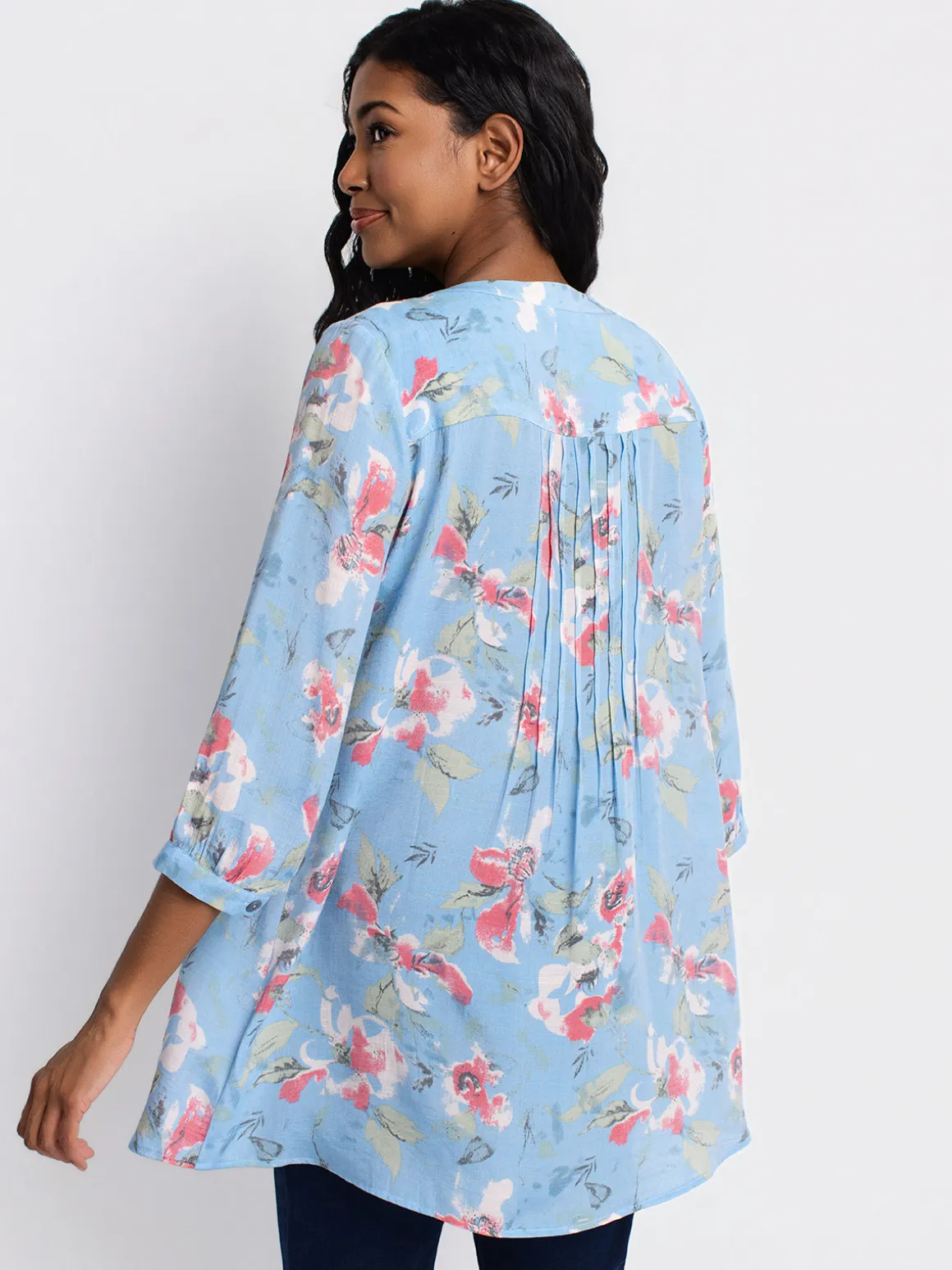 3/4-sleeve loose tunic length blouse with buttons