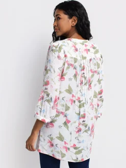 3/4-sleeve loose tunic length blouse with buttons