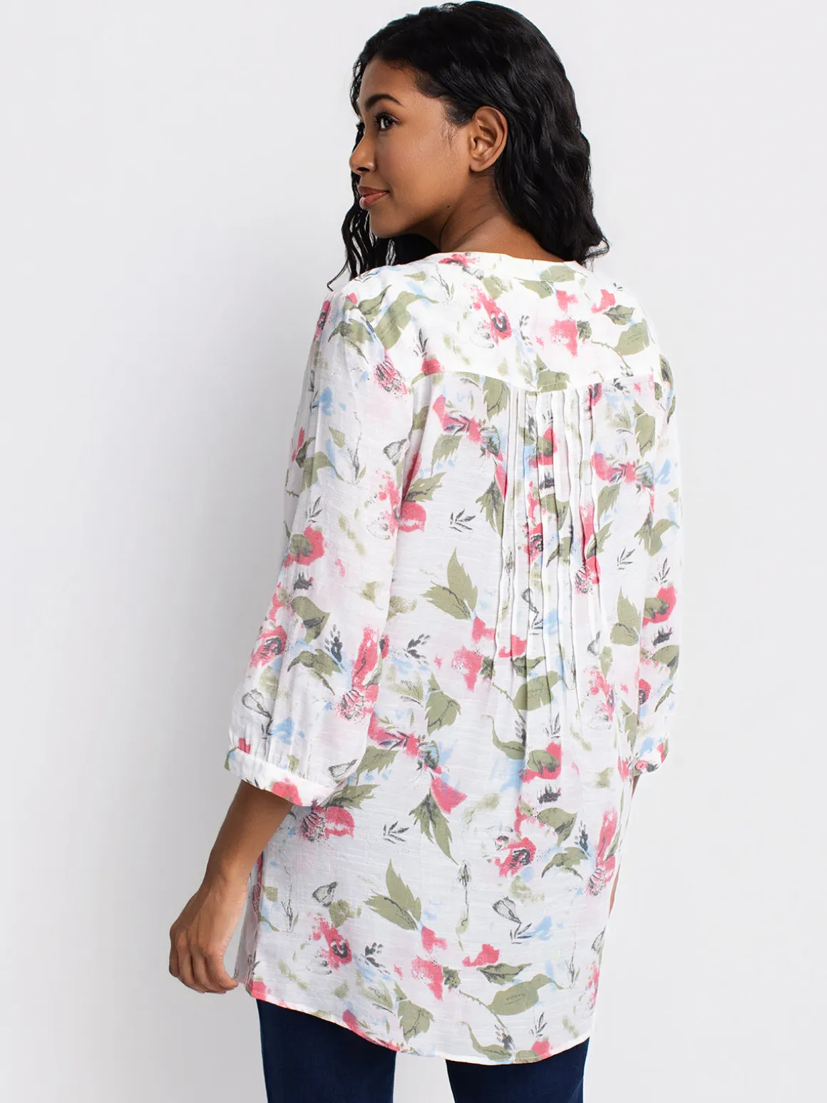 3/4-sleeve loose tunic length blouse with buttons