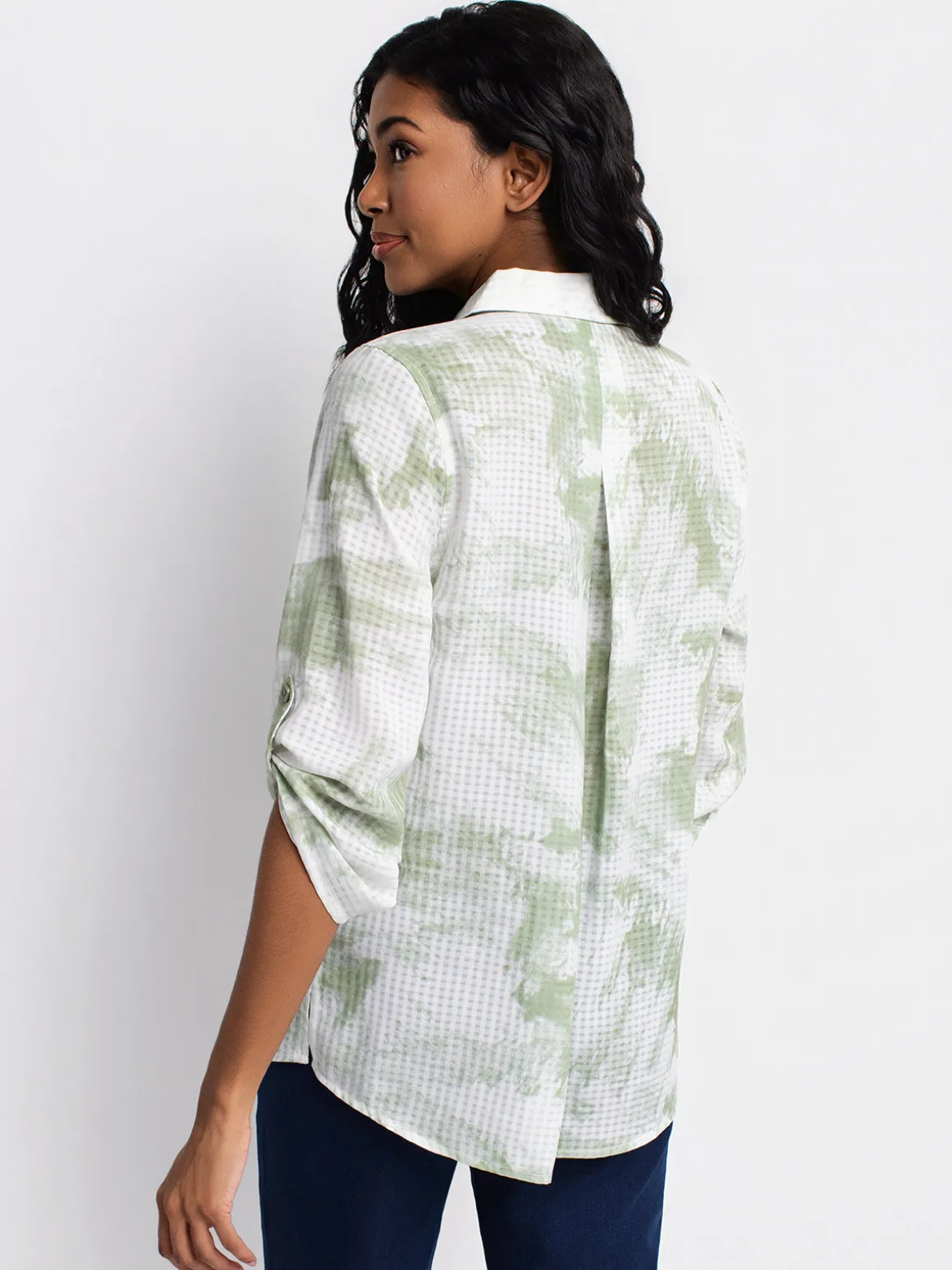 3/4-sleeve semi-fitted tunic length blouse with buttons