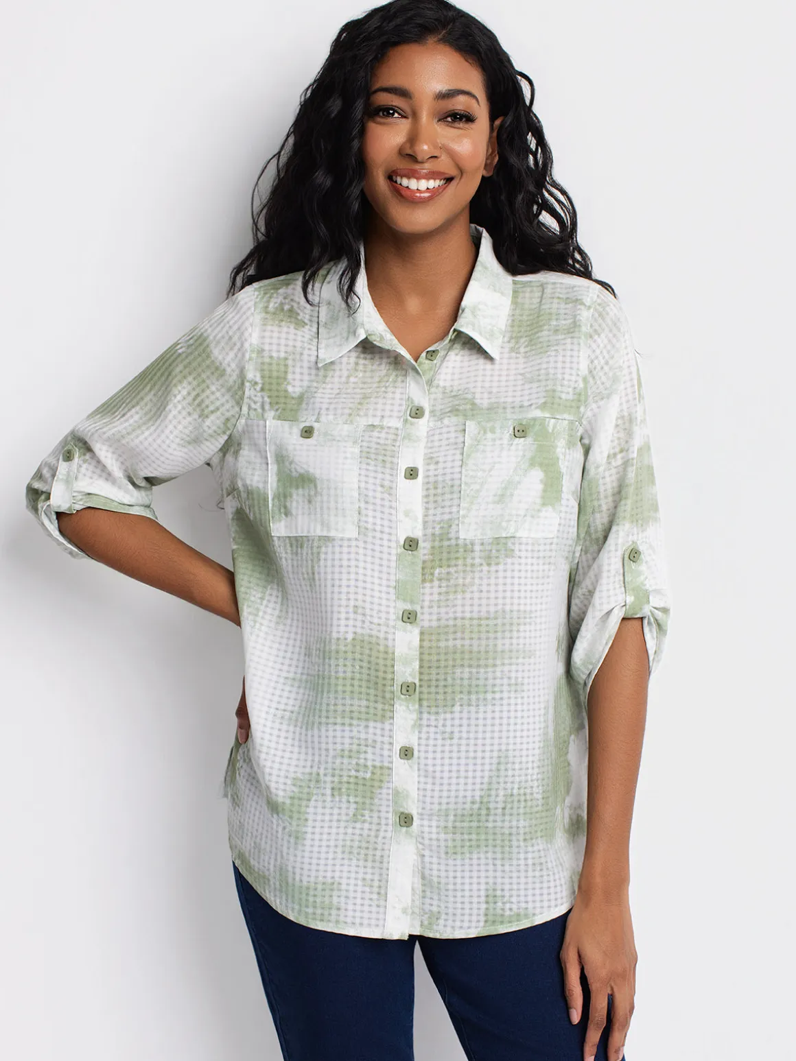 3/4-sleeve semi-fitted tunic length blouse with buttons