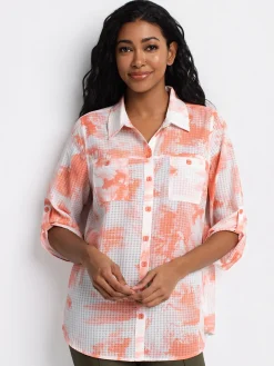 3/4-sleeve semi-fitted tunic length blouse with buttons