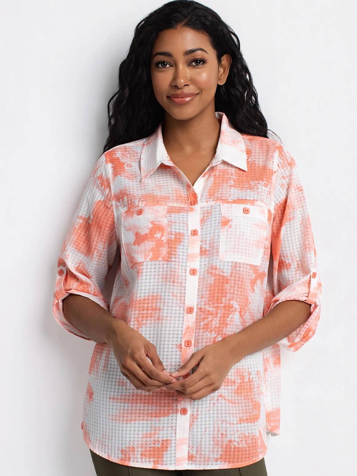 3/4-sleeve semi-fitted tunic length blouse with buttons