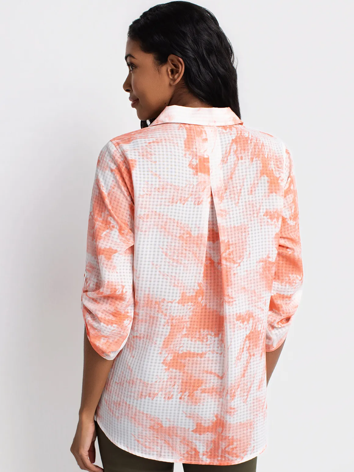 3/4-sleeve semi-fitted tunic length blouse with buttons