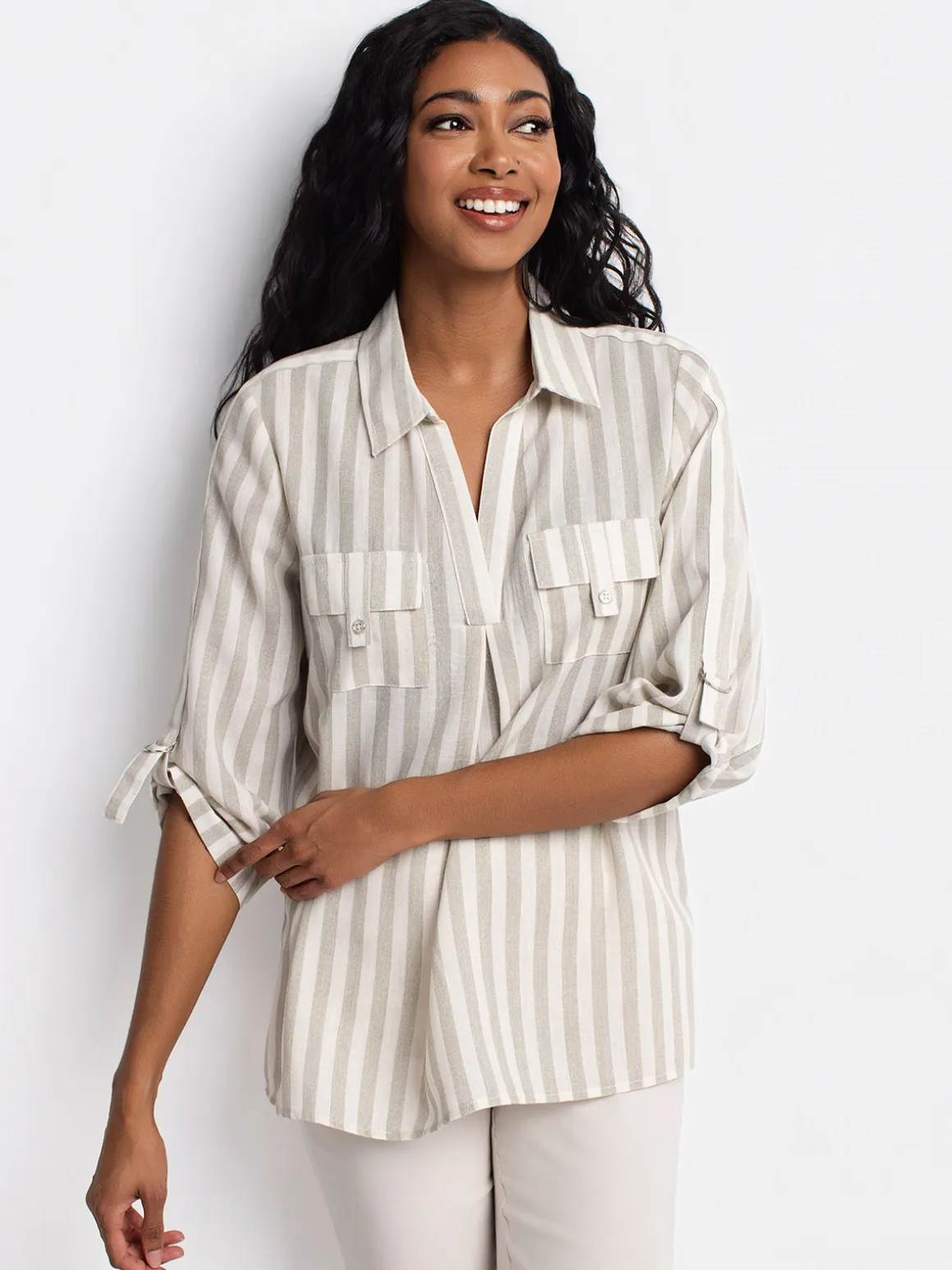 3/4-sleeve tunic length blouse