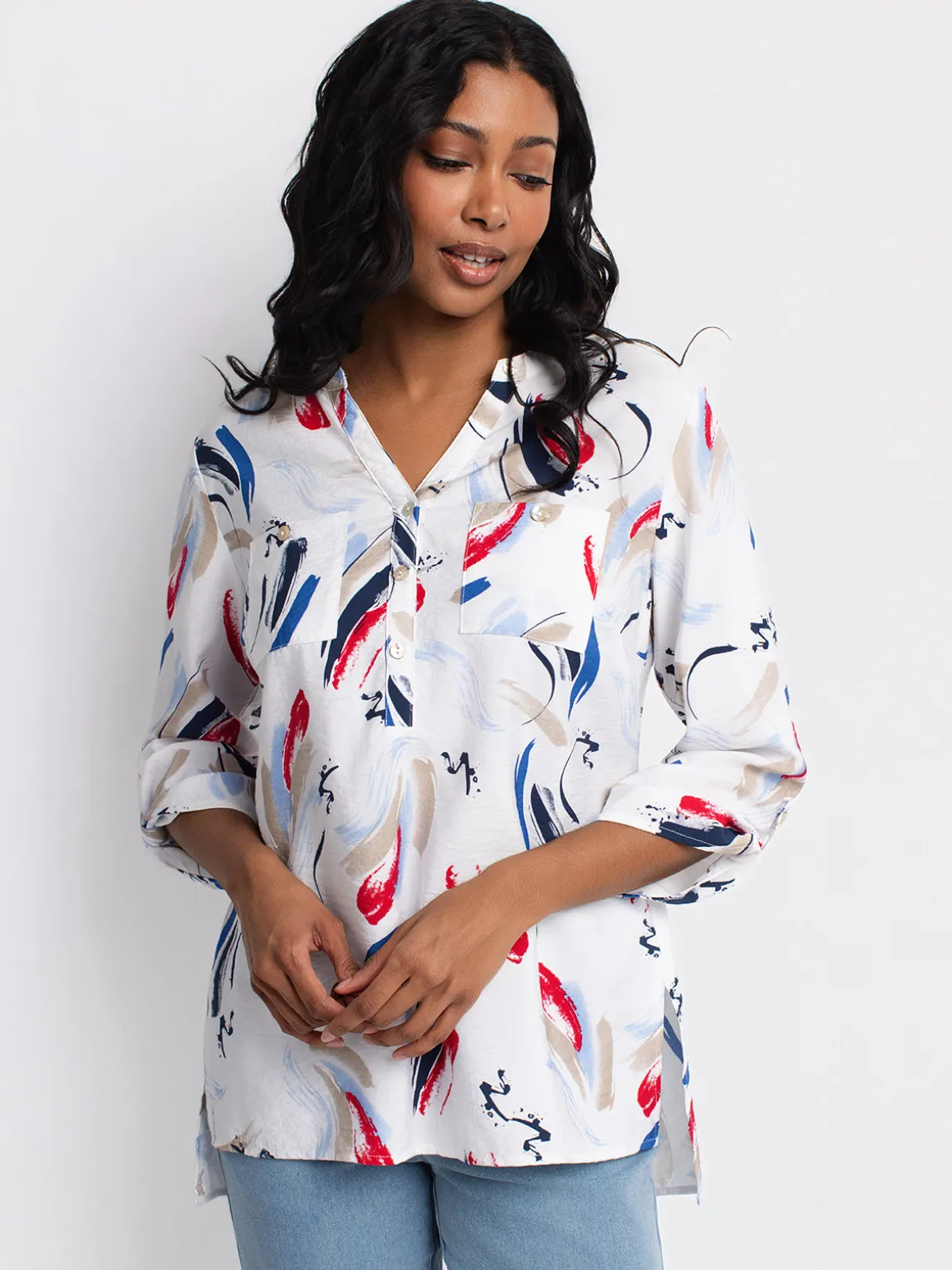 3/4-sleeve tunic length blouse