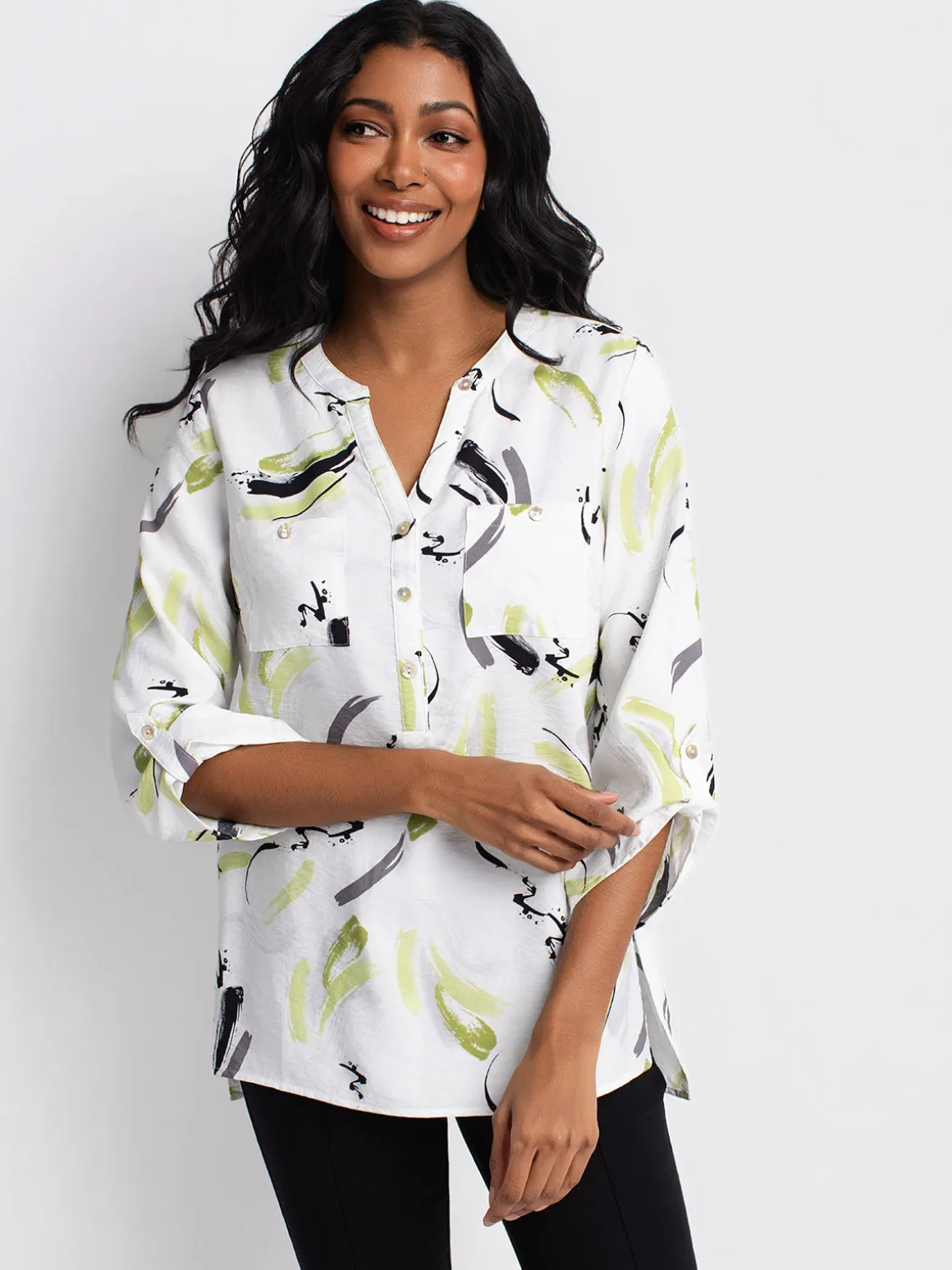 3/4-sleeve tunic length blouse