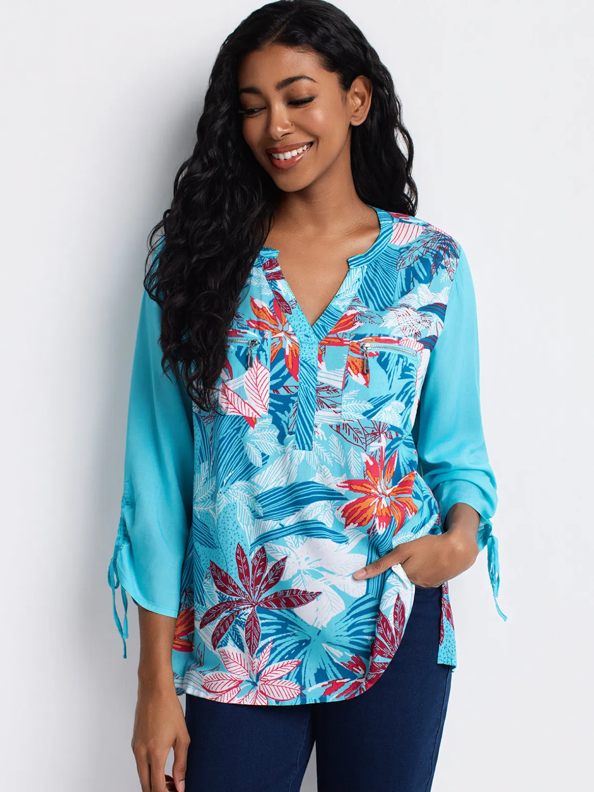 3/4-sleeve tunic length blouse