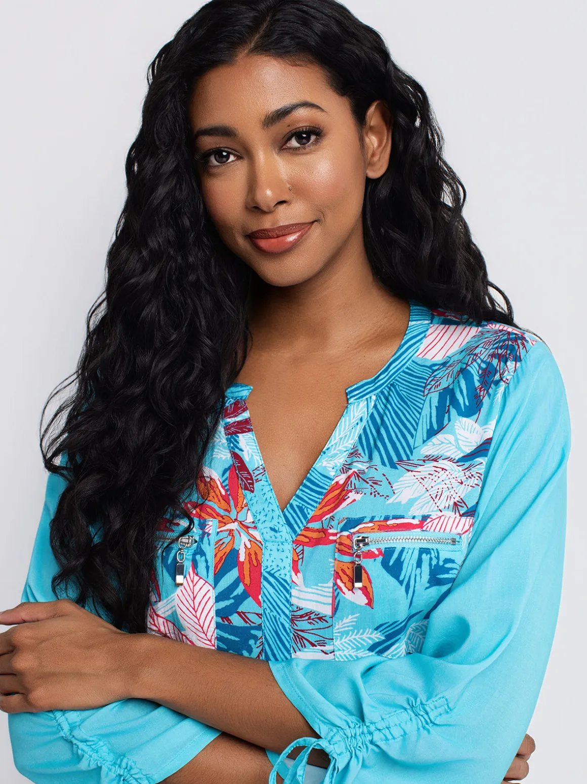3/4-sleeve tunic length blouse